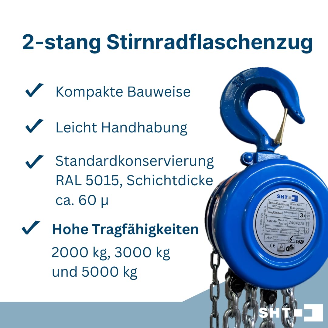 SHT Kettenzug/Stirnradflaschenzug SFZ 2-Strang mit 2000kg Traglast | 5m Hub, Kompakter Flaschenzug Seilzug