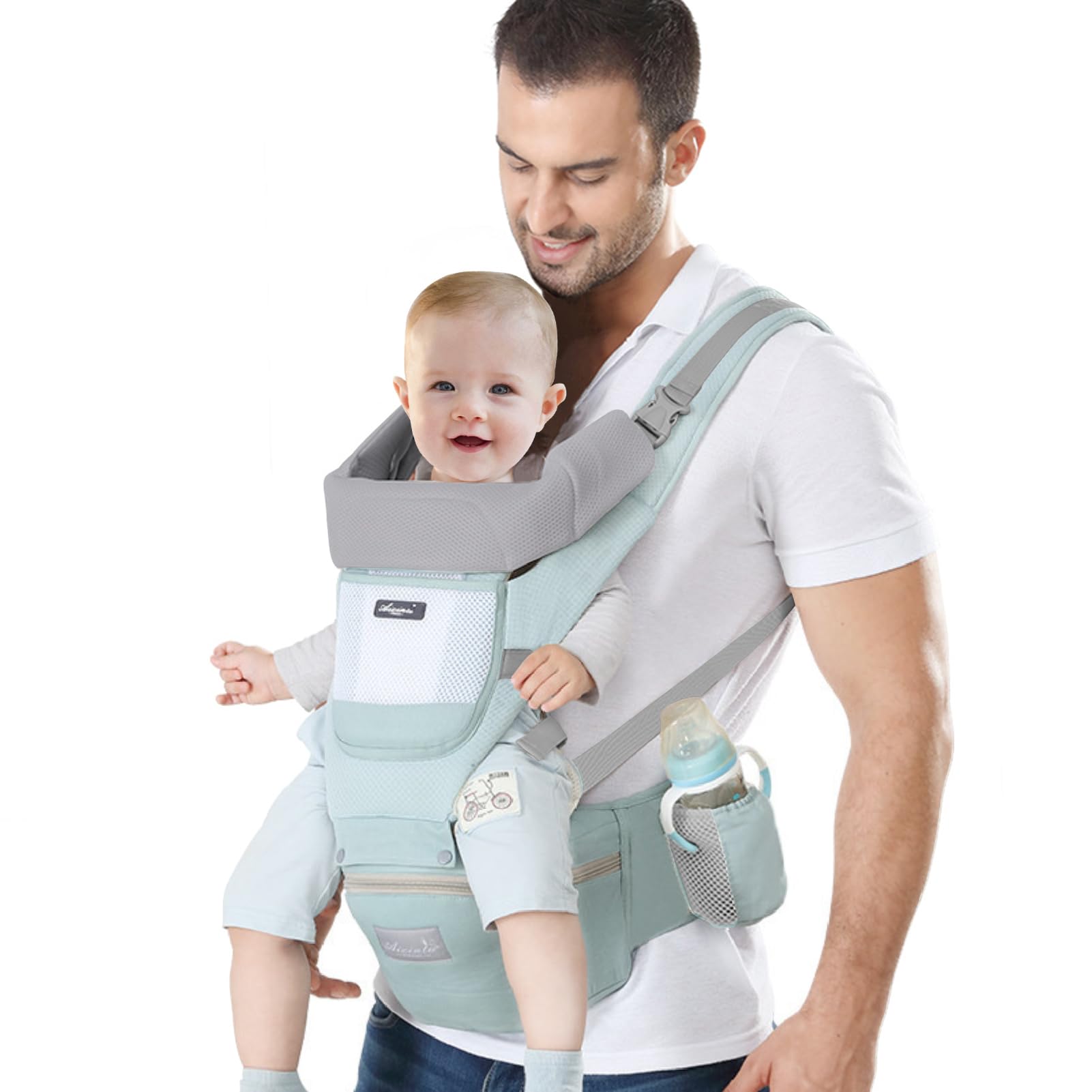 IULONEE Marsupio Neonati con Sedile Multifunzione Zaino Ergonomico per Marsupi Trasporto Anteriore e Posteriore Regolabile per Neonato da 3 Mesi a 3 Anni (3-20kg) Verde