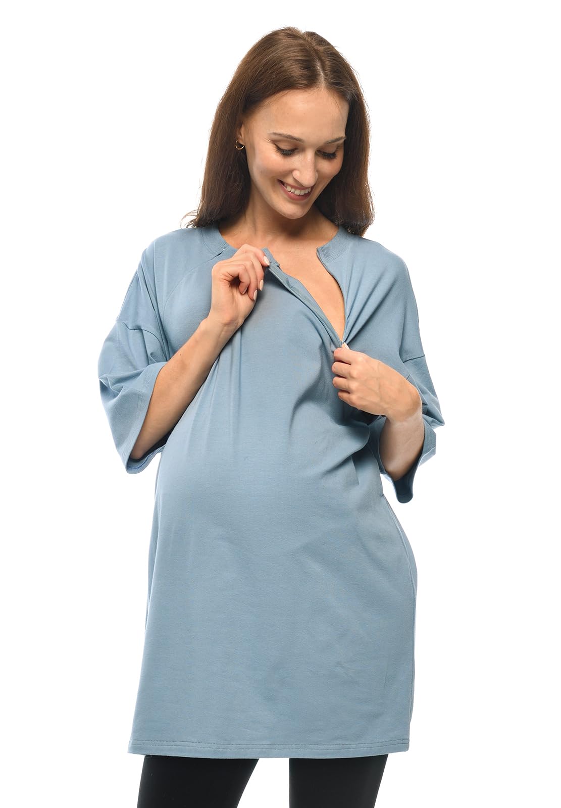 MijaCulture T-shirt 2 en 1 / Homewear / Chemise de nuit d'allaitement et de grossesse M024 Ambre (bleu, L/XL)