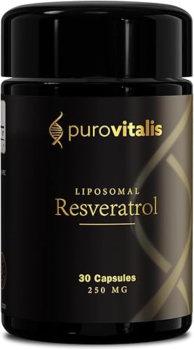 PUROVITALIS Resveratrol liposomal 250 mg, 30 porciones (30 cápsulas veganas), suplemento antioxidante de trans-resveratrol de alta pureza