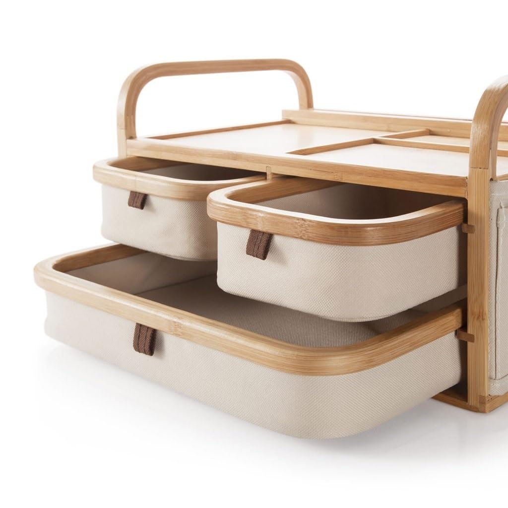 Organisateur de Stockage de Maquillage Support de rangement en bambou for cosmétiques de bureau, boîte de rangement en tissu, coiffeuse, support de rangement multicouche avec tiroirs Organisateur de M