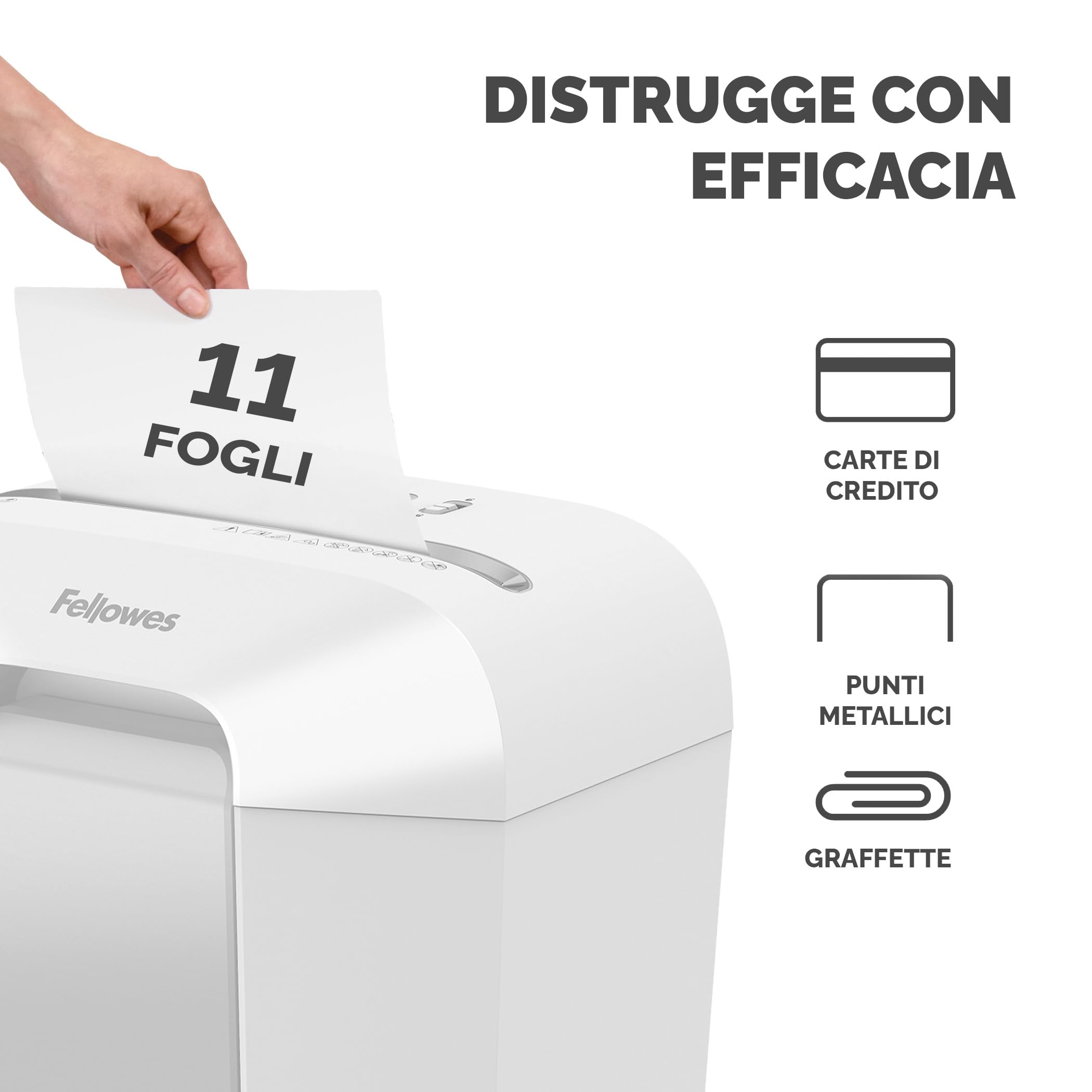 Fellowes distruggi documenti a frammento LX70, 11 fogli, per casa e piccolo ufficio, uso personale, cestino da 18 litri, distruggidocumenti con blocco di sicurezza, bianco