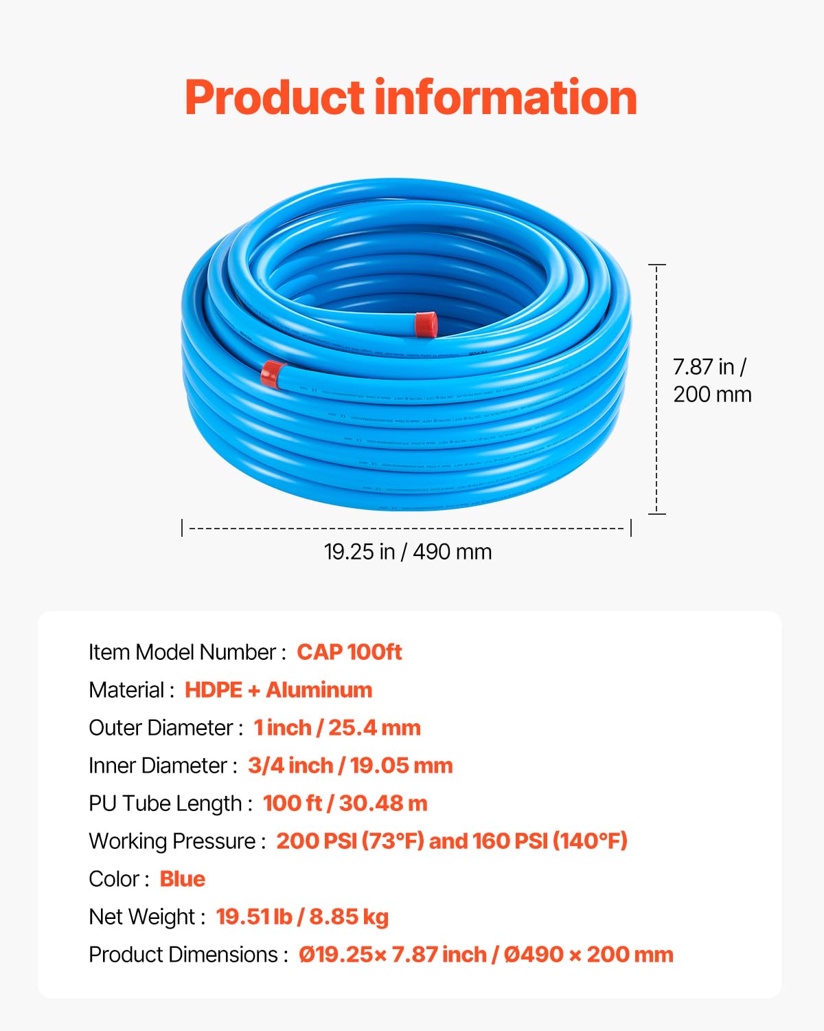 VEVOR Kit di Tubi per Compressore d'Aria 30,48 m x 19,05 mm Sistema di Tubazioni per Aria Compressa, a Prova di Perdite, Resistente alla Pressione, Kit di Tubi per Linee di Aria Compressa per Garage