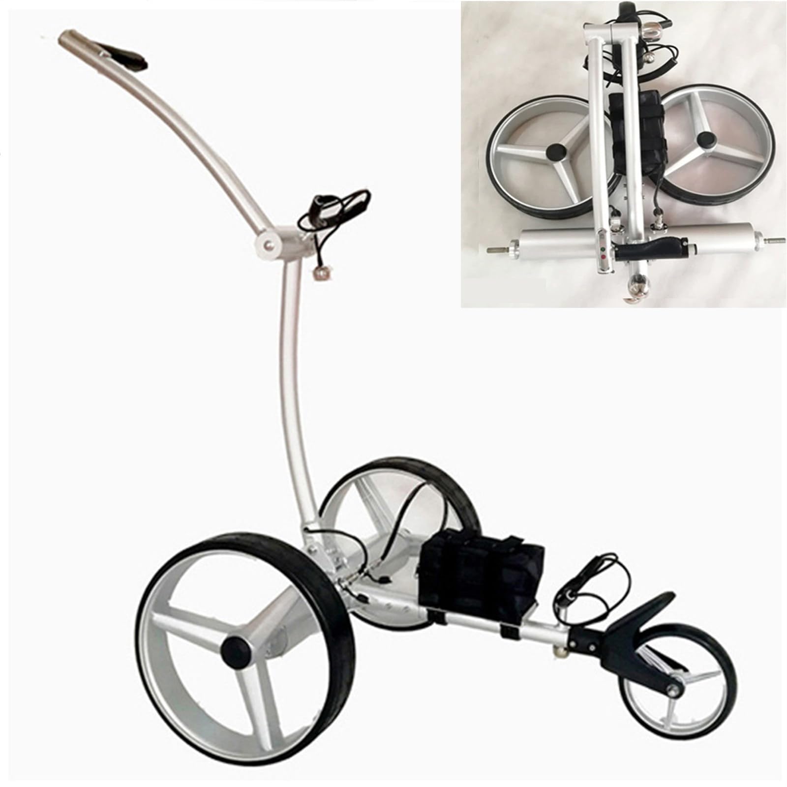 Carrito de golf plegable eléctrico con capacidad de escalada de 30 grados, funcionamiento silencioso, diseño ligero de 3 ruedas, incluye asa, marcador, soporte y control remoto