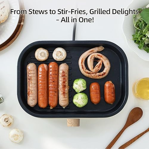 Miniatura 3 de AORAN - Sartén eléctrica de doble zona de 600 W, sartén antiadherente de 12 x 8 pulgadas con secciones de parrilla planas y acanaladas,