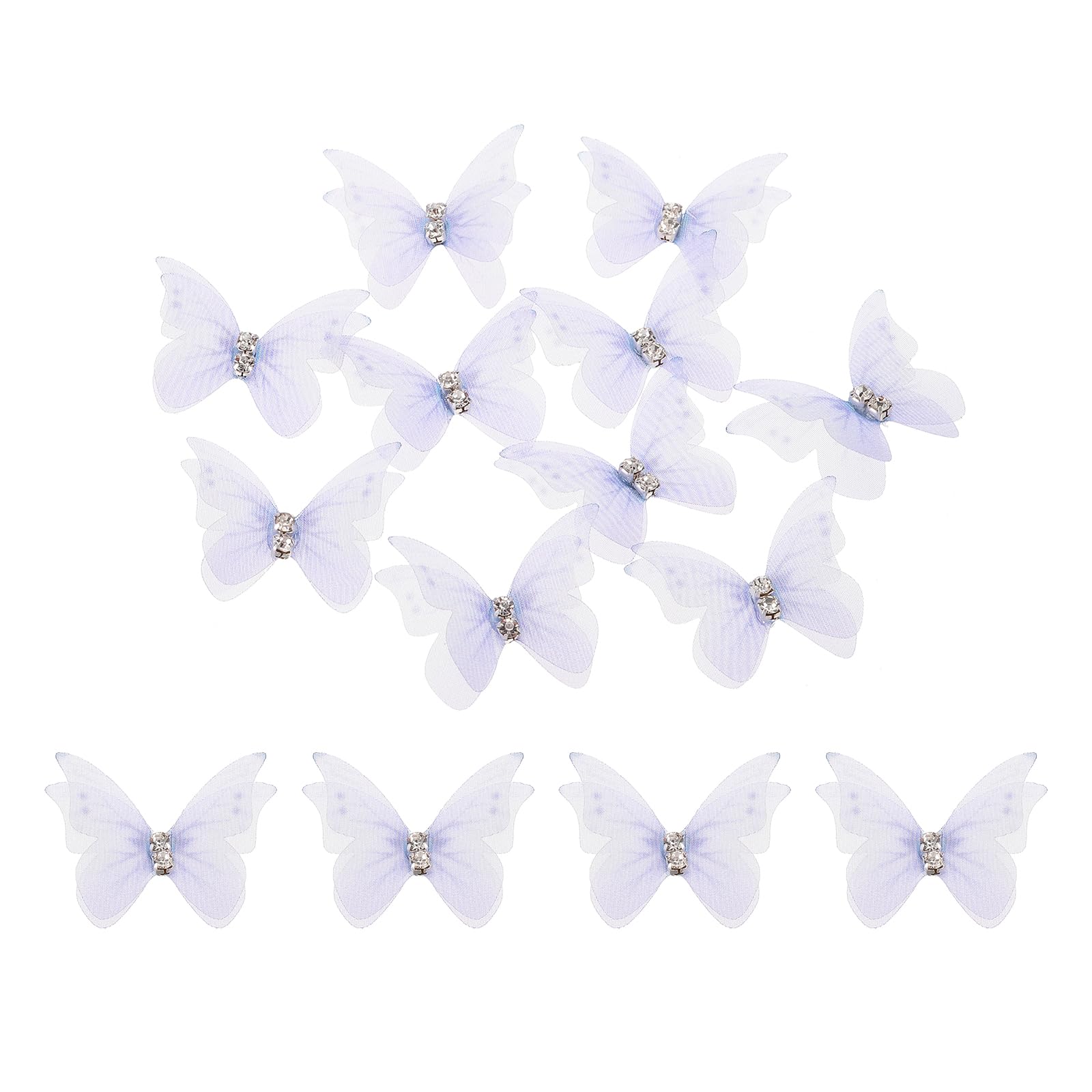 sourcing map 30Pcs Sheer Mesh Butterfly Appliques, 30mm Two Layers Butterflies with Gem Applique Patch DIY 3D Craft Ornament for Wedding Party Home Decor Clothes, Violet