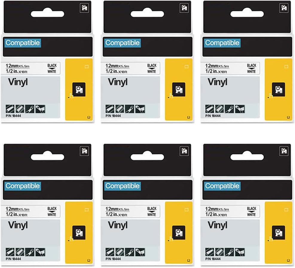 18444 Rhino 4200 Vinyl Label Tape Replacement for Dymo 18444 1/2 Inch Black on White Industrial Permanent Refills Work with Rhinopro 4200 5000 5200 6000 3000 Label Maker, 1/2" X18', 6 Pack