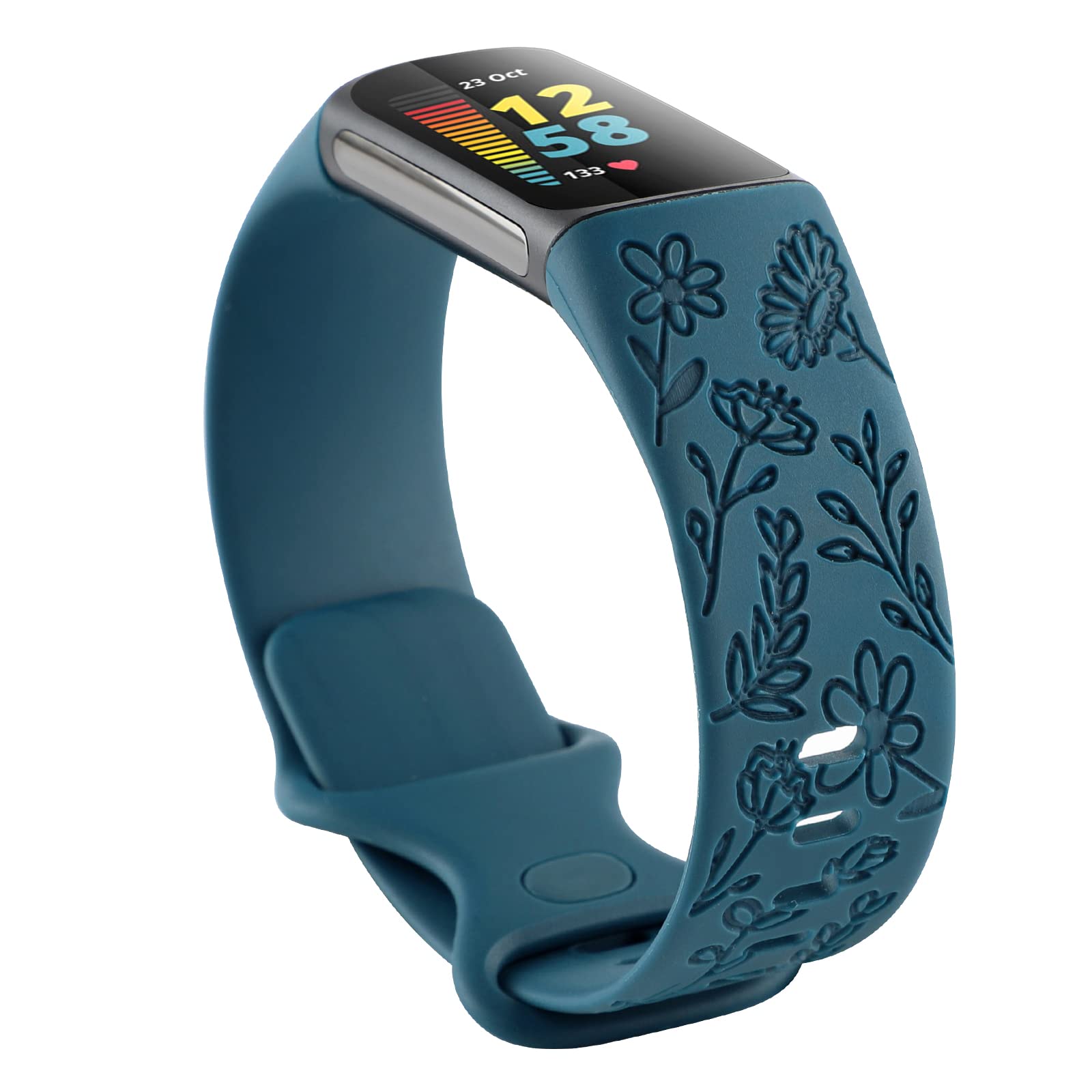 Flower Engraved Bands Compatible with Fitbit Charge 5 Band Women Cute Floral Engraving Soft Silicone Sport Strap Replacement Wristband for Fitbit Charge 5 Fitness Tracker Accessories (Blue)-image-22