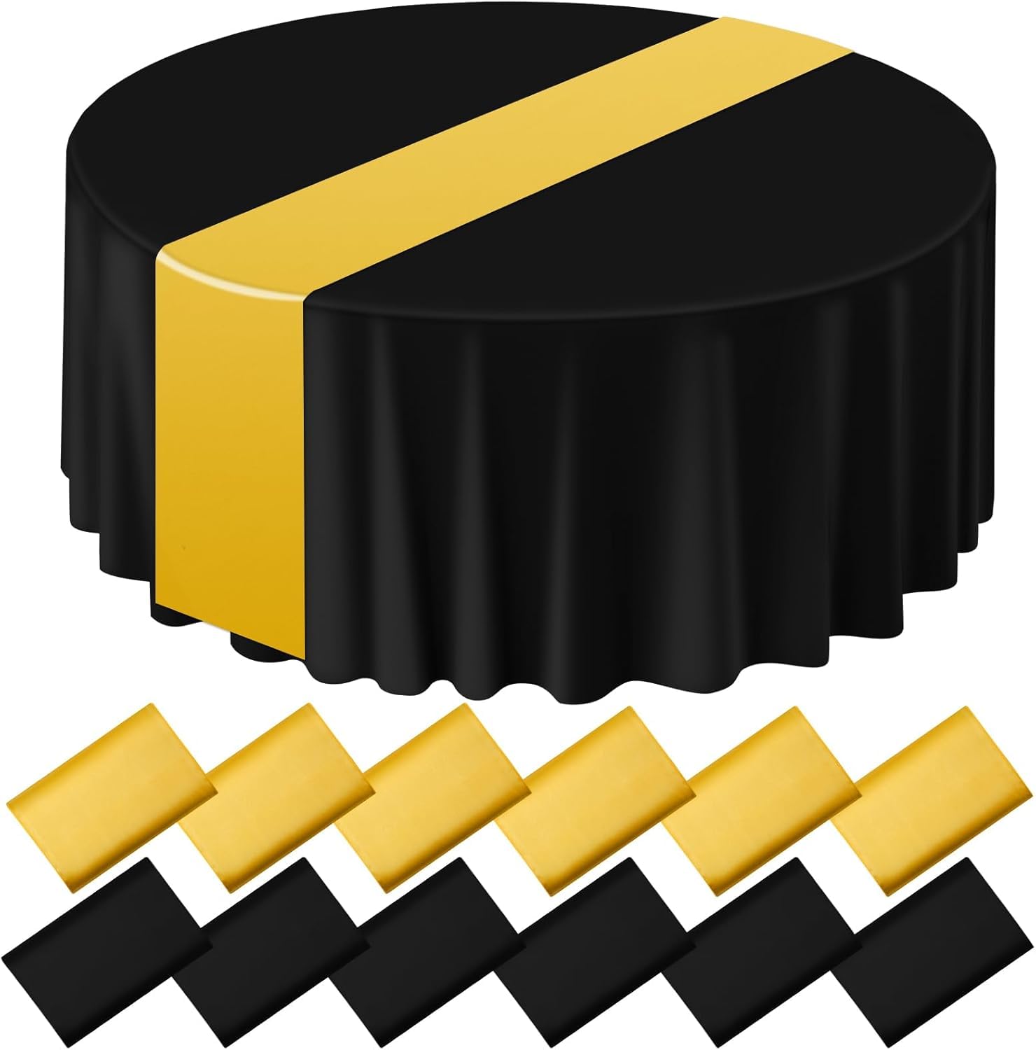 Eogrfw Black 12 Pcs Round Plastic Tablecloth And Satin Table Runner, 84" Plastic Tablecloths 12 X 108'' Runners Set, And Gold Disposable Tablecloth, Table Cover For Wedding Bridal Shower Birthday Party