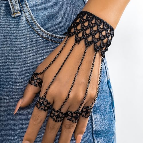 Denifery Dainty Vintage Gothic Halloween Black Lace Bracelet with Ring Bangle Metal Crystal Charm Steampunk Lace Black Slave Hand Chain Tassel Bracelet Rings for Women2