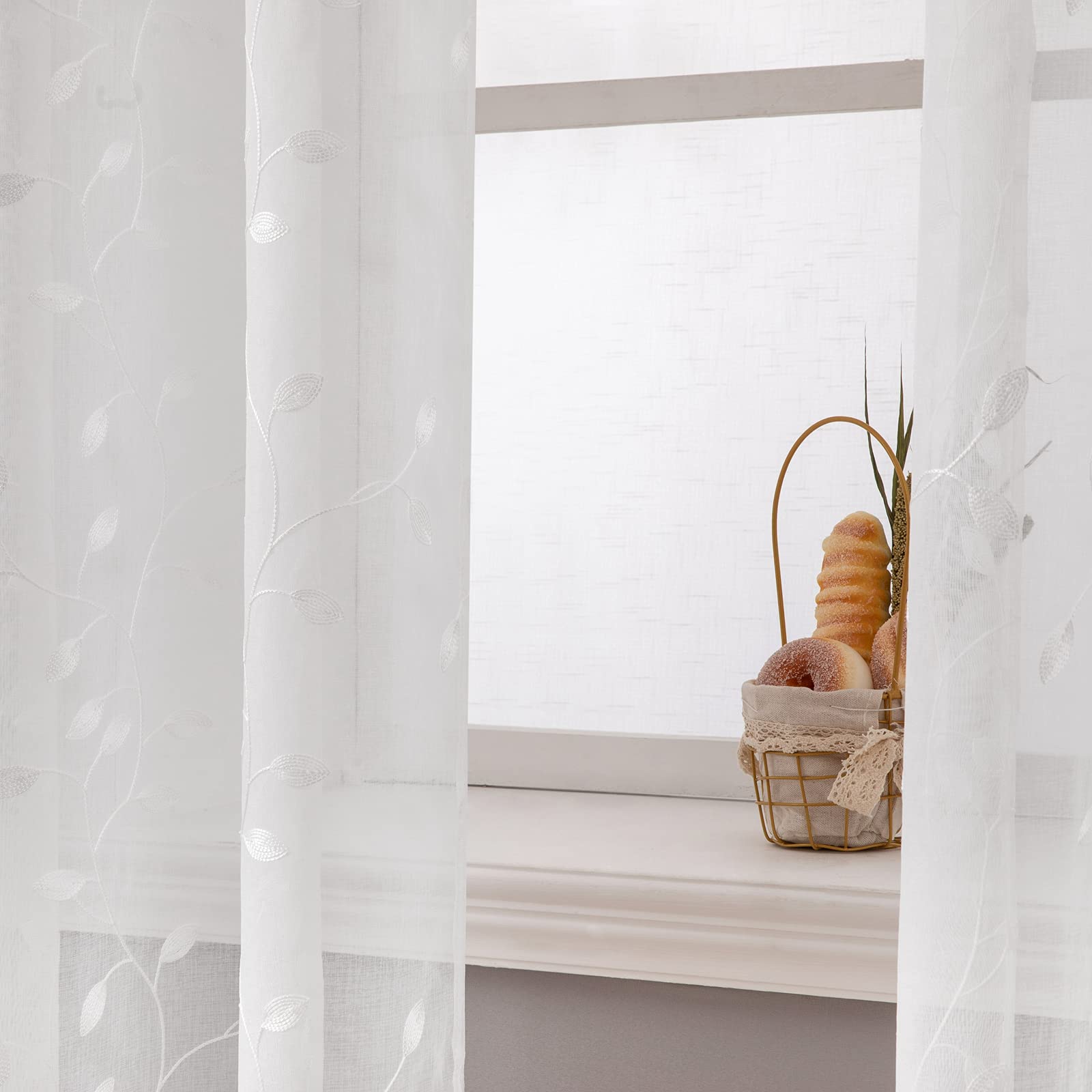 MIULEE Voile Tenda Finestra con Occhielli Tenda a Pannello Tende a Vela Trasparente per Soggiorno e Camera da Letto 2 Pezzo Set 140X260 cm Foglie Bianco