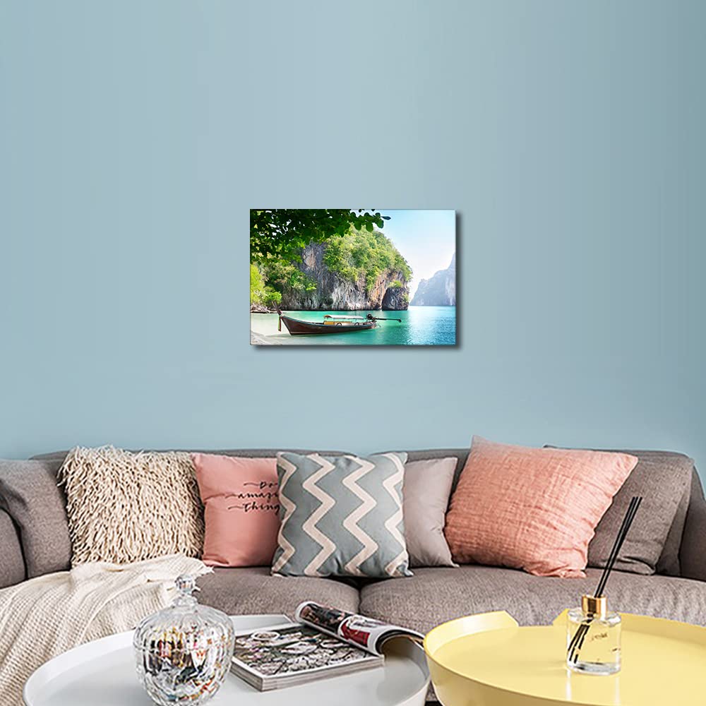 Canvas Wall Art for Interior Bathroom Wall Décor Long Boat on Island in Thailand Scenery for Living Room Bedroom Dining Room Decorations Framed Ready to Hang 12x18inch - Image 3