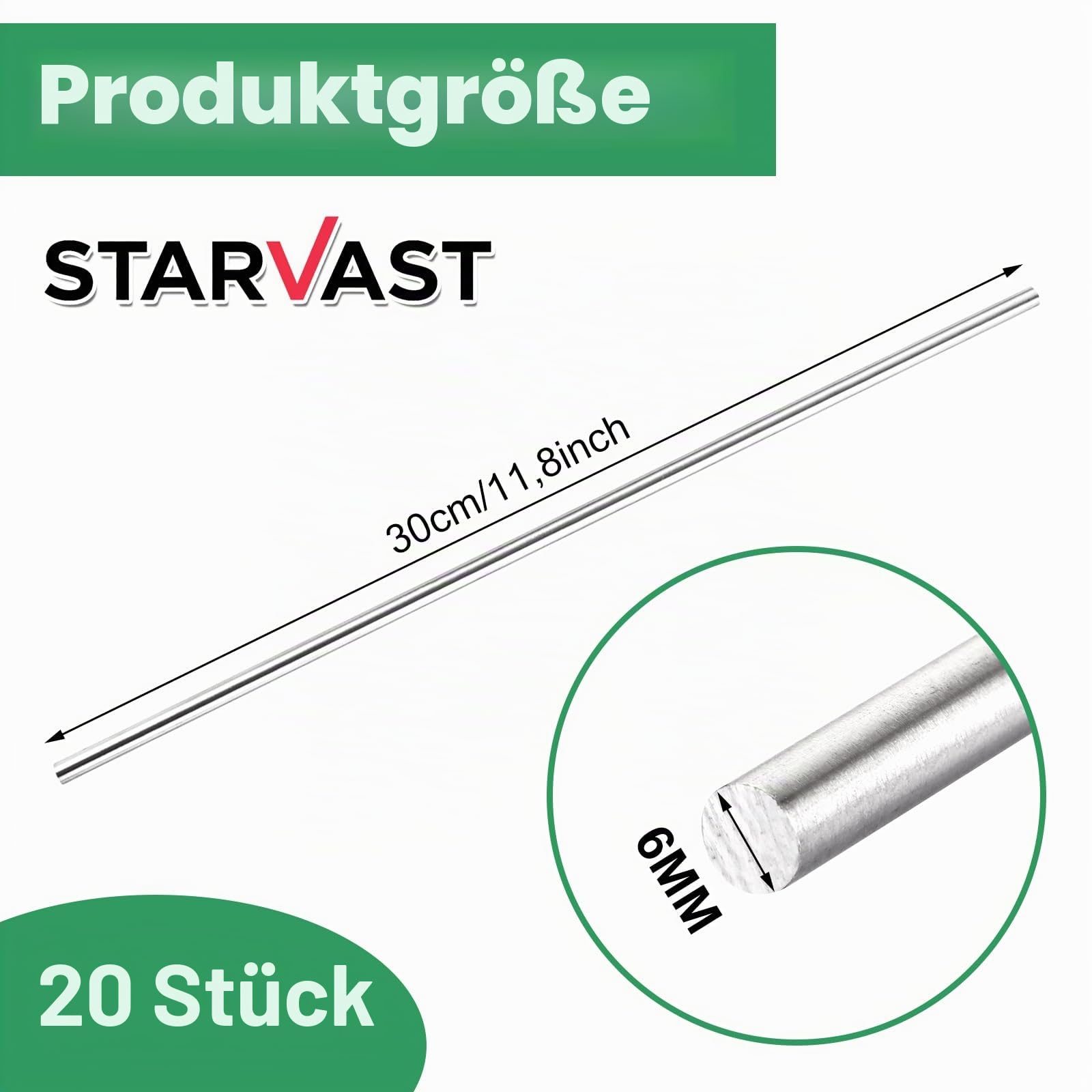 STARVAST 20 Stück Edelstahlstäbe, Edelstahl Rundstäbe 6mm x 300mm, Metallstäbe zum Basteln, Rundstab 304 Edelstahl Rundstangen Metallstange Stabstahl, Rundstahl für DIY Handwerk Modellauto Flugzeug