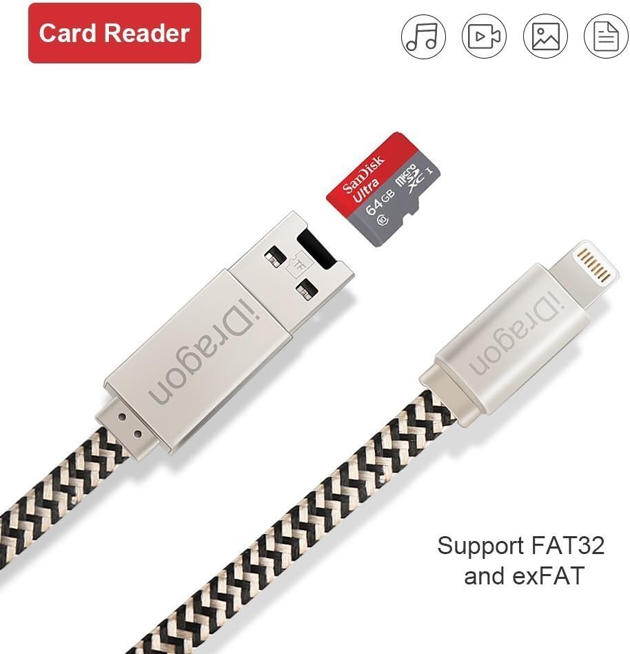 Memory Card Reader with Lightning Cable for Apple, iDragon 2 in 1 Data Sync USB Charging Cable and Adapter for iPhone 5/6 / 7/7 Plus iPad Mini Air Pro with External Storage Micro SD, TF (no Card)