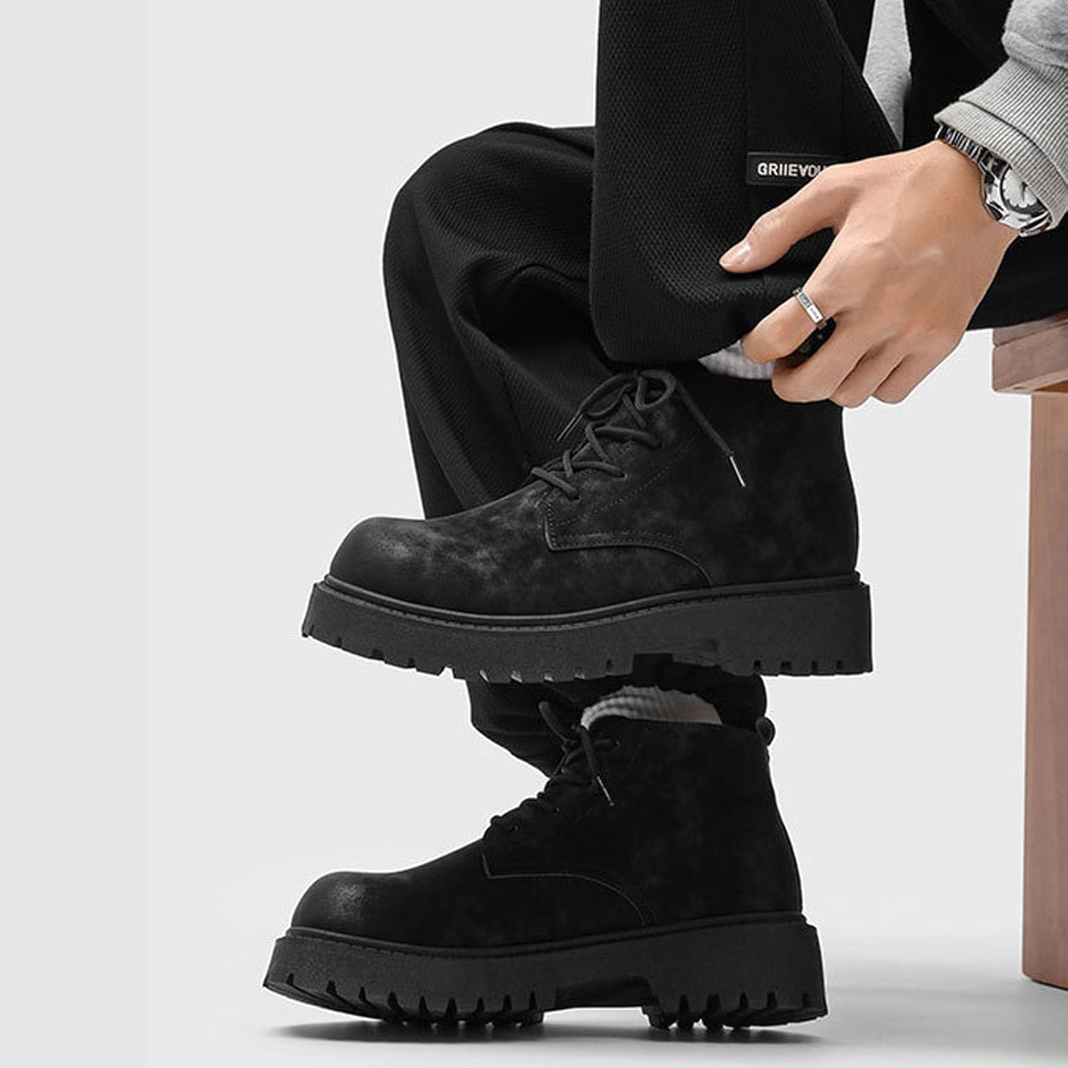 Men'S Platform Chunky Combat Ankle Boots Retro Lace Up Wide Round Toe Comfort High Top Lug Sole Non Slip Waterproof Work Motorcycle Hiking Boots For Travel Outdoor Activities - Image 7