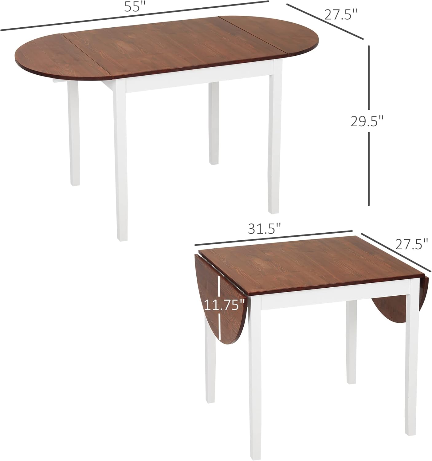 HOMCOM 55" Solid Wood Kitchen Table for 4-6 People, Oval Drop Leaf Tables for Small Spaces, Folding Dining Table, Brown