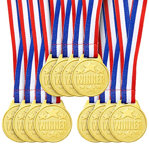 Juvale 12 Pack Gold Winning Participation Medal Awards for Contests with Neck Ribbon for Sports, Competitions, Tournaments, Spelling Bees, Olympic Style for Kids and Adults (Metal, 1.5 Inches)