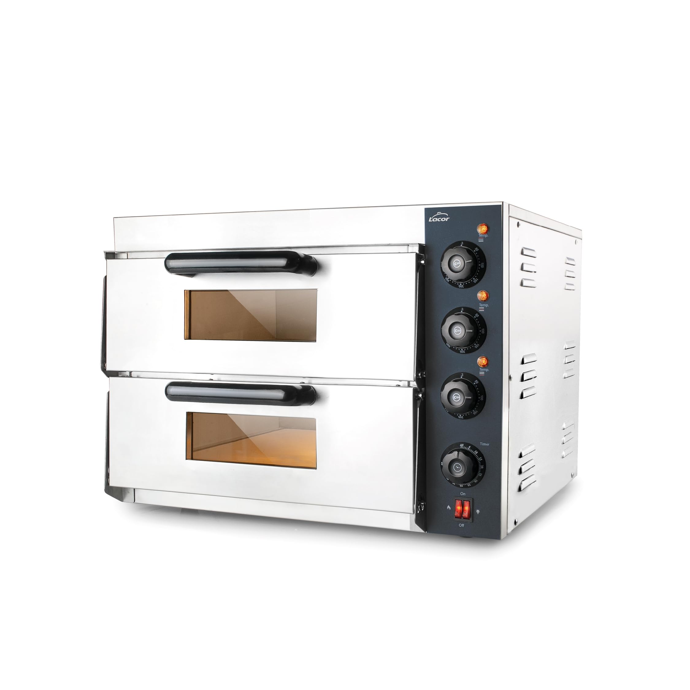 Lacor - 69633 - Horno pizza Lecco, para Mesa o Encimera, de Acero inoxidable, con Aislamiento Térmico, 3000 W, 2 cavidad, Iluminación interior, Medidas: 57x56x44 cm