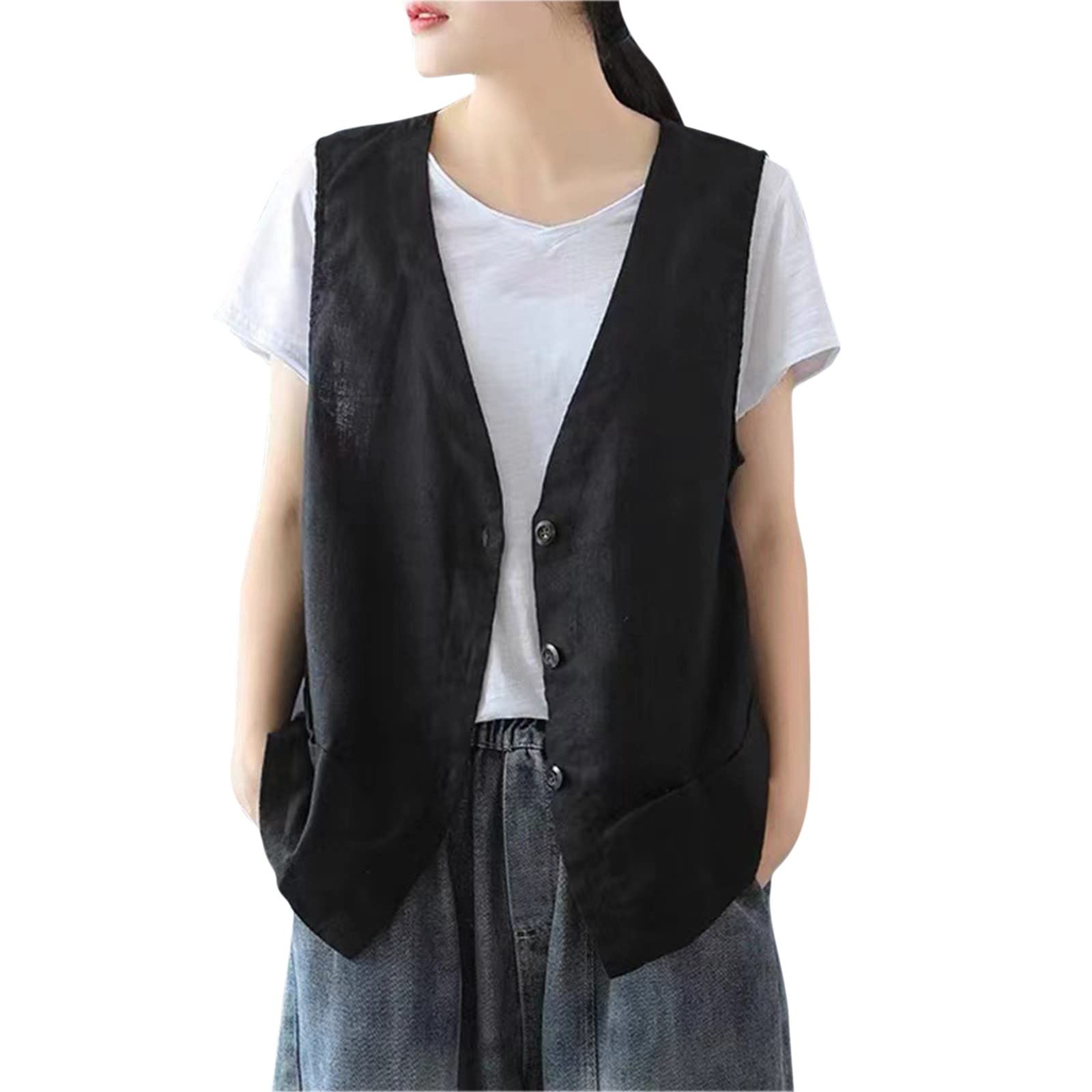 Chaleco de lino para mujer Tops Chaleco de algodón sin mangas Tops Casual Chaleco sin mangas Chaleco ligero de verano suelto Chaqueta