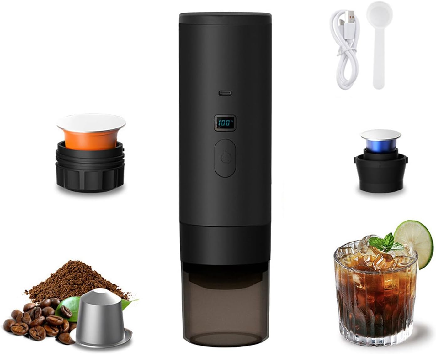 Portable coffee machine, electric concentrated USB-C car rechargeable self heating coffee machine, suitable for offices, outdoor travel camping, camping and office work. (black)