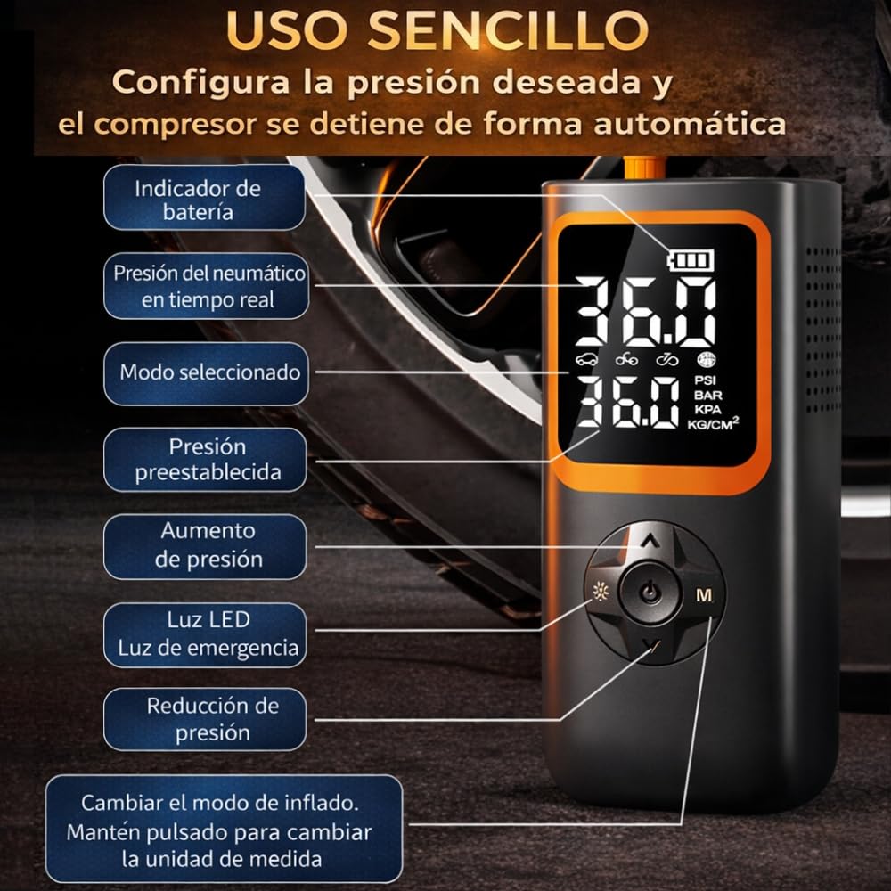 Compresor aire portatil coche, Batería 6000mAh y Conexión 12V, 150 PSI-10,3 BAR, Inflador ruedas coche con luz LED y power bank, Hinchador ruedas coche Ideal para emergencias, viajes y mantenimiento. - 5