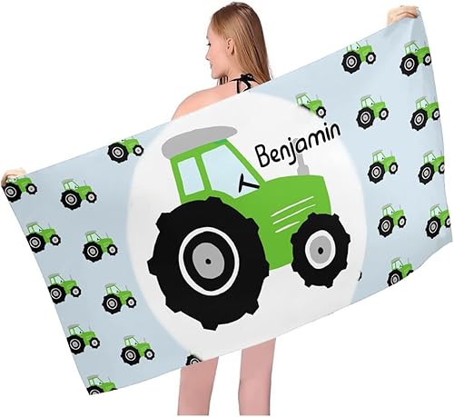 Miniatura 1 de Toalla de playa personalizada con patrón de tractores verdes con alfombrilla de nombre de 30 x 60 pulgadas, manta grande de piscina para mujeres,