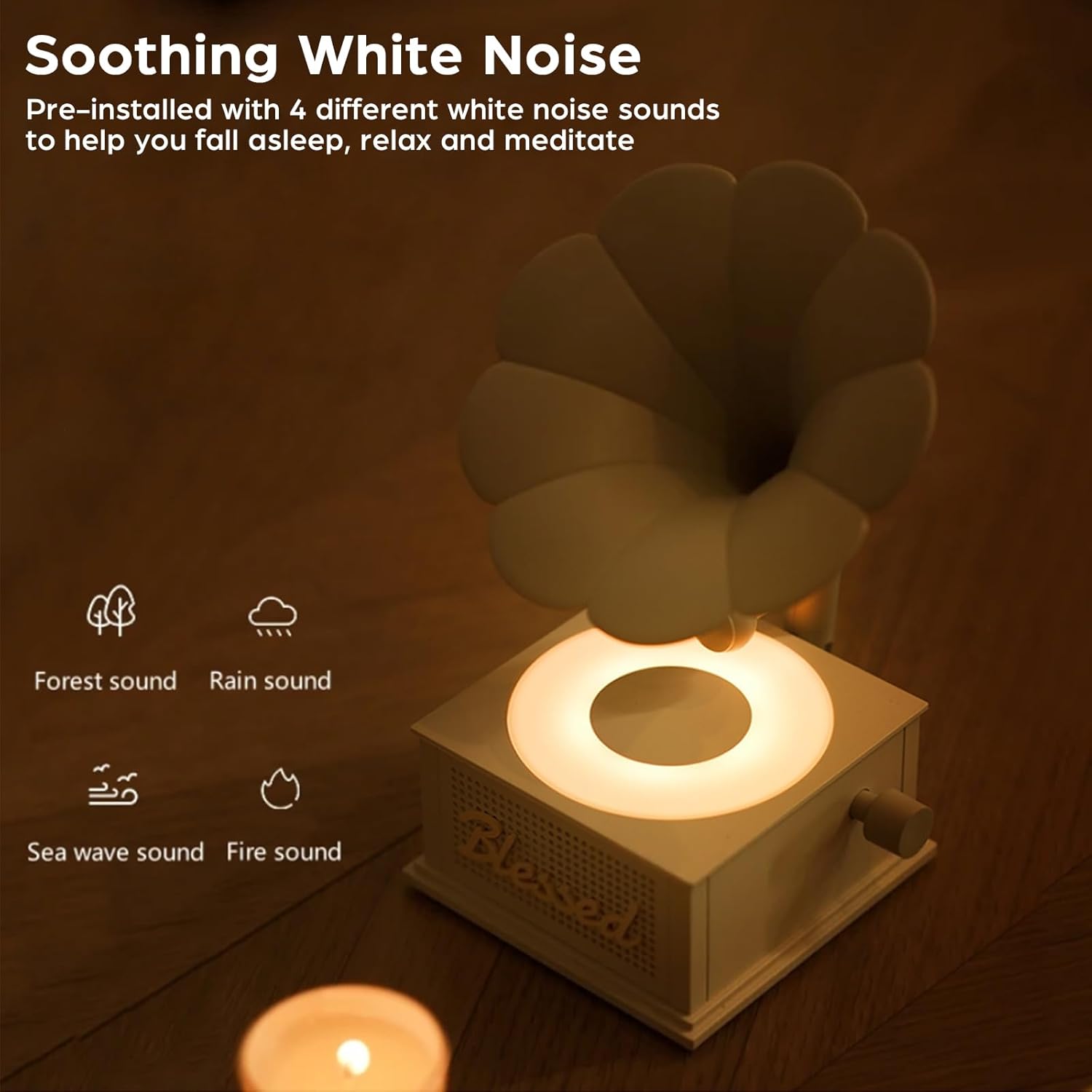 Speaker with white noise sound options: forest, rain, sea wave, fire