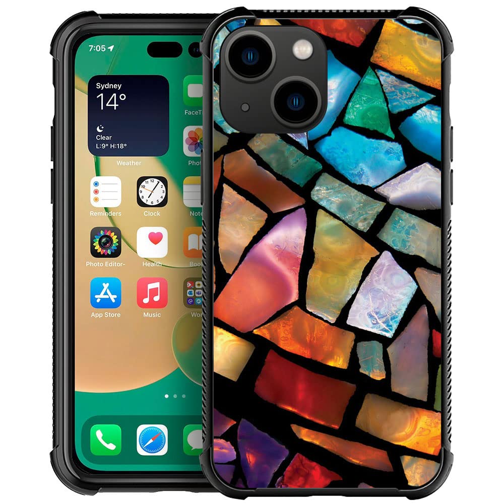 ZHEGAILIAN Case Compatible with iPhone 14, Stained Glass Mosaic Fiesta Fun, Tempered Glass Back + Soft Silicone TPU Shock Protective Bumper Case