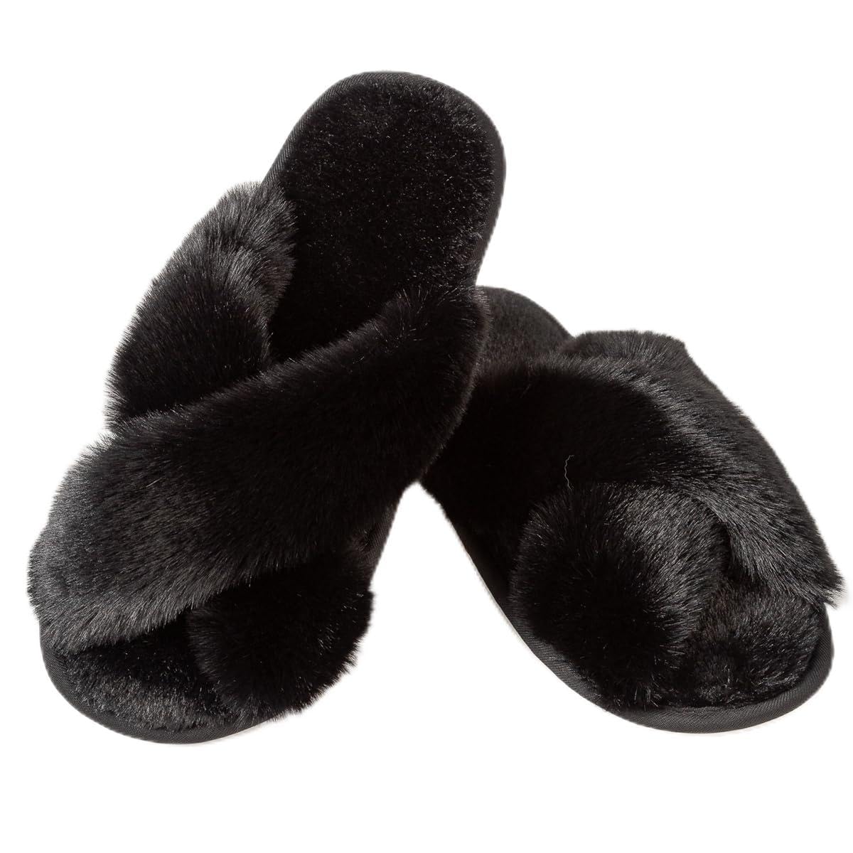 LZSYC Women's Fuzzy Cross Band Slippers Indoor Outdoor Soft Open Toe House Slippers