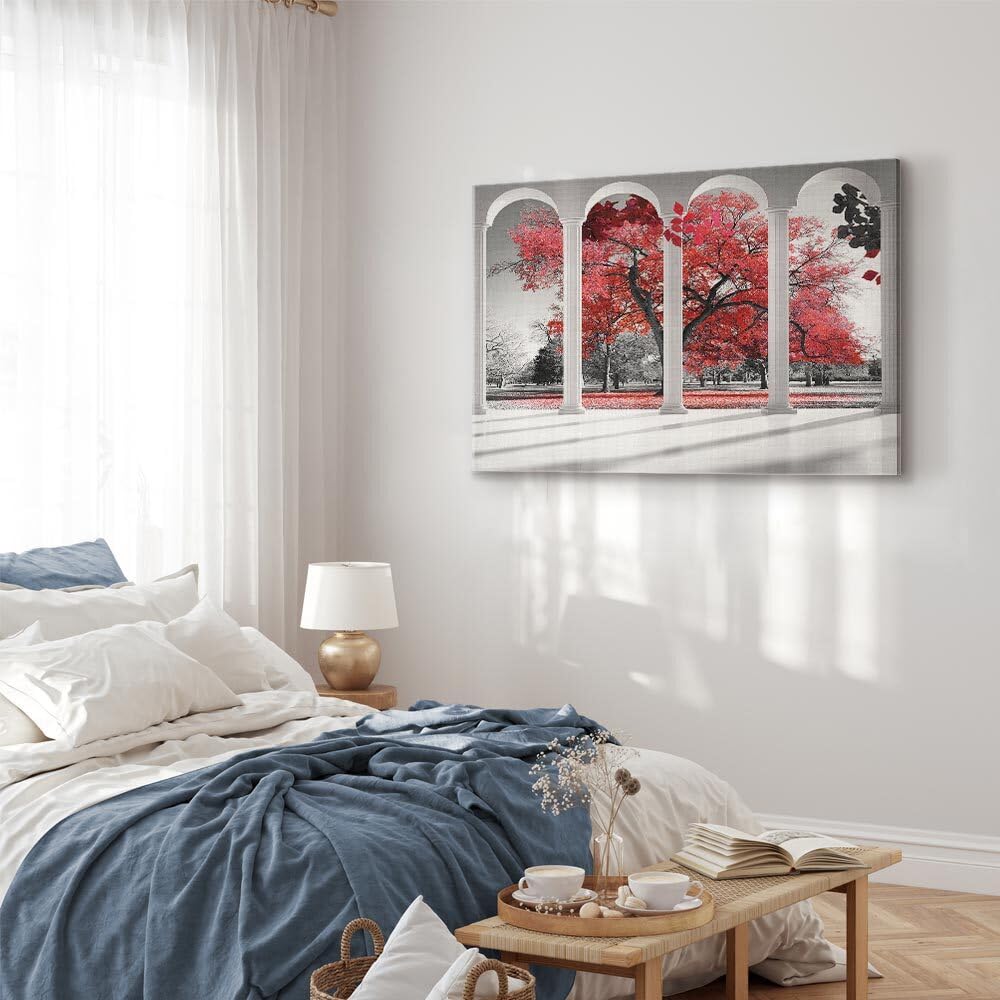 decomonkey Quadri Moderni Soggiorno Finestra Albero, 1 pezzo, 120x80 cm | Tela strutturata su telaio in legno, decorazione da parete, autunno, collona, natura, paesaggio, bianco, nero, rosso