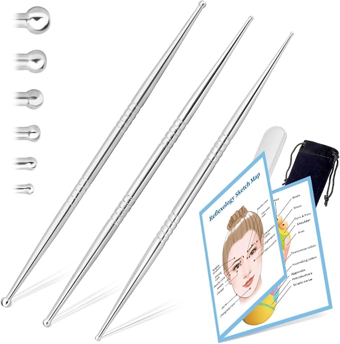 ideayard Facial Reflexology Massage Tool 3 Pieces/6 Szie Headed Stainless Steel Acupuncture Pen Ear Acupressure and Body Point Probe Pen for Deep Tissue