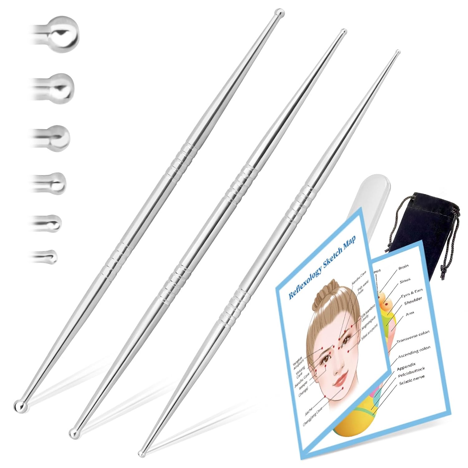 ideayard Facial Reflexology Massage Tool 3 Pieces 6 Sized Headed Stainless Steel Acupuncture Pen for Ear Face Body