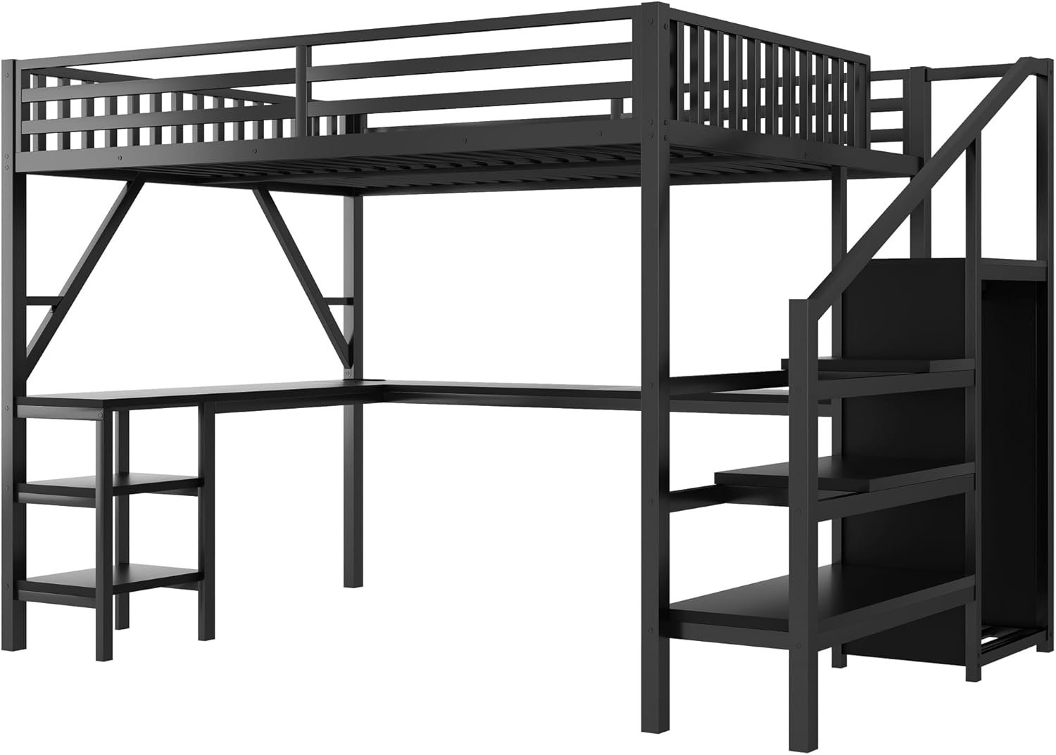 KEIKI Queen Size Metal Loft Bed Frame with L-Shaped Desk & Staircase & Wardrobe & USB, Modern Style Loft Bed with Solid Slat & Guardrail, No Box Spring Required, Easy Assembly, for Bedroom, Black