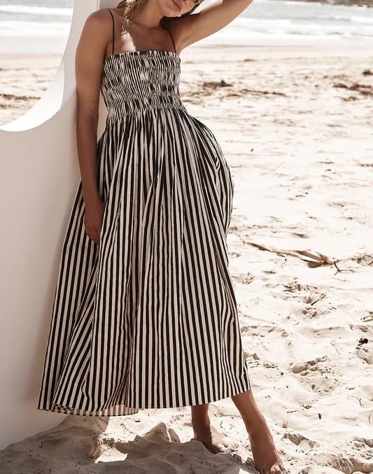 KMBANGI Women Striped Sleeveless Maxi Dress Swing Patchwork Midi Dress Smocked Spaghetti Strap Colorful Long Sundress - Image 3