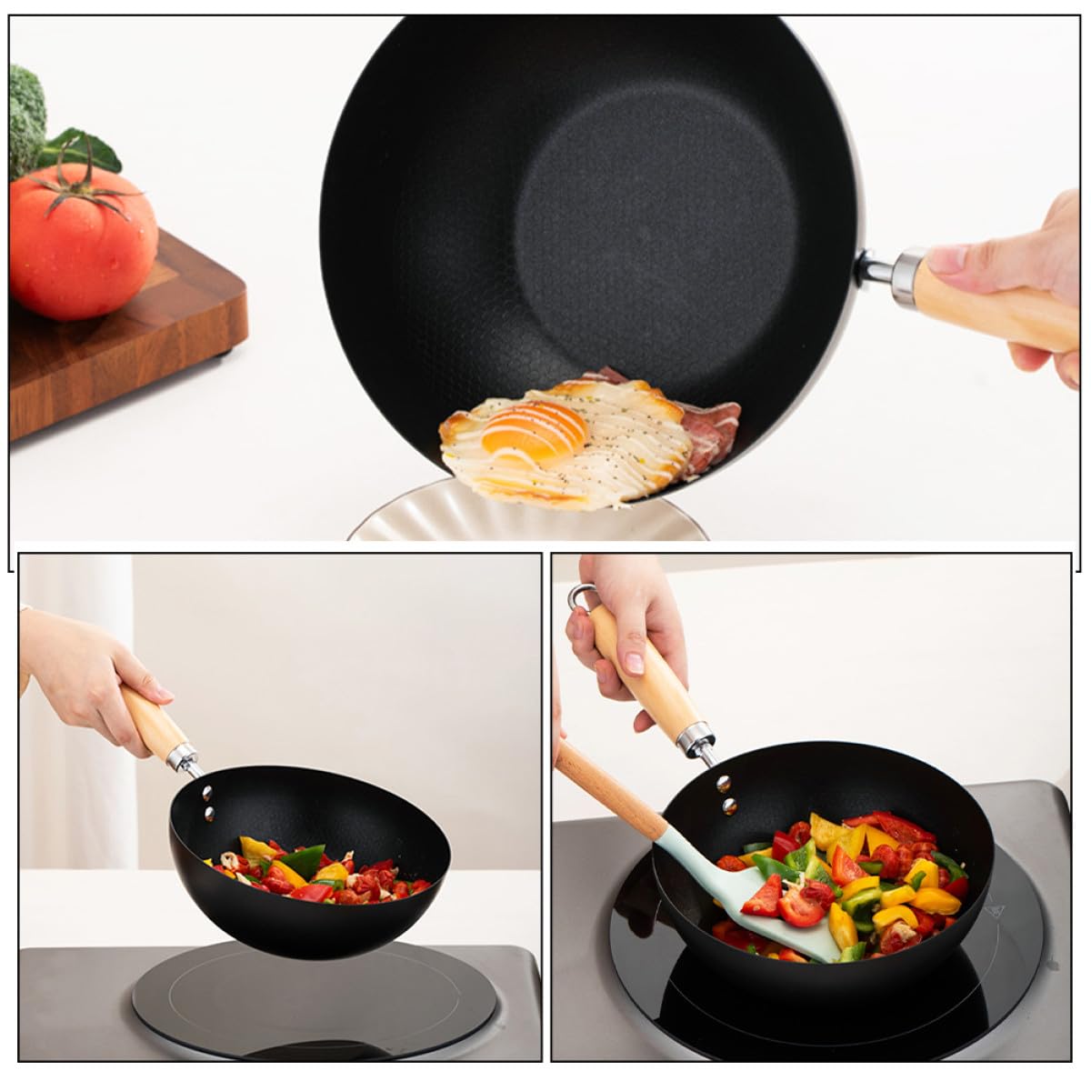 Amosfun Padella Wok Antiaderente in Acciaio Inox 22 Cm senza Coperchio con Manico Ergonomico in Legno, Mini Padella per Uova e Cottura Uniforme su Tutti i Fornelli, per Cucina Casalinga