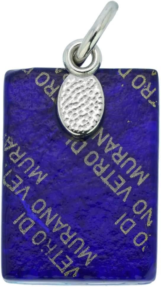 Glass Of Venice Murano Glass Italian Rectangular Pendant Necklace for Women - Aqua Blue with Infused Sterling Silver Leaf