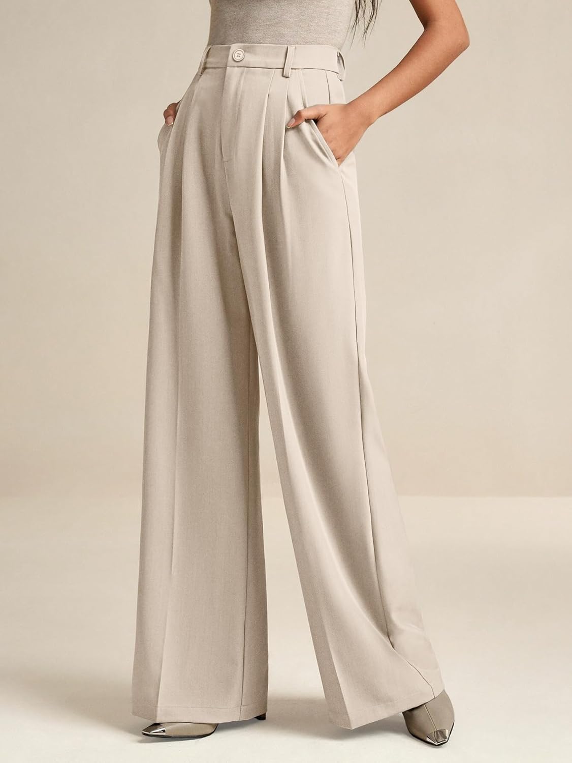 ELLEVEN Women's Casual Wide Leg Dress-Pants, High Elastic Waisted in The Back Business Flowy Trousers with Pockets - Image 2