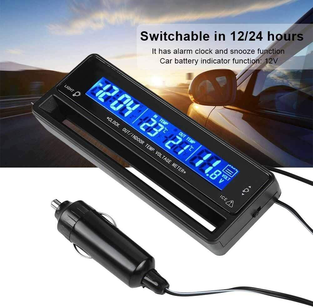 Riloer Car Auto Thermometer Temperature Voltmeter Gauge Voltage Meter Monitor LCD Digital Display Clock with Cigarette Lighter Car Charger