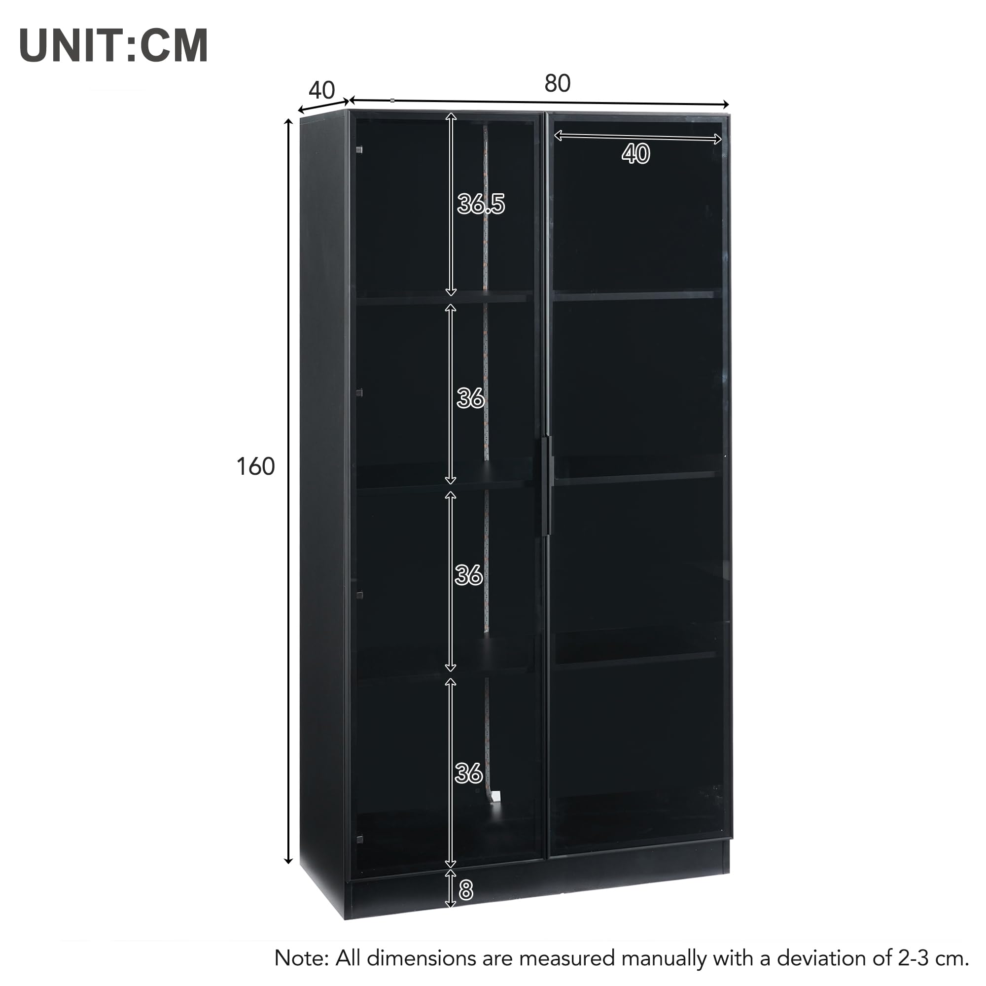 Vitrina de cristal con iluminación LED, 80 x 40 x 160 cm, armario de vitrina con puertas de cristal y estantes ajustables, armario alto de madera, vitrina de pie para salón, baño, comedor (negro)