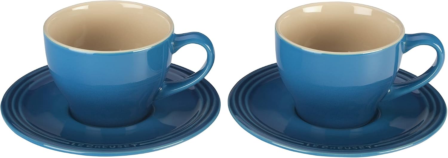 Le Creuset Stoneware Set of 2 Cappuccino Cups and Saucers , 7 oz. each, Marseille