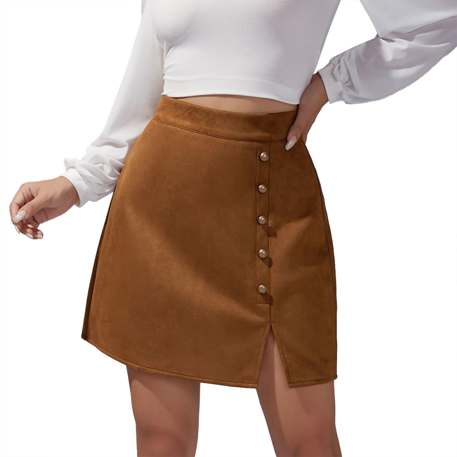 EBTOOLSWomens Bodycon Skirt Side Slit A Line Mini Skirt Suede Pencil Skirt With Metal Buckle Work Skirt
