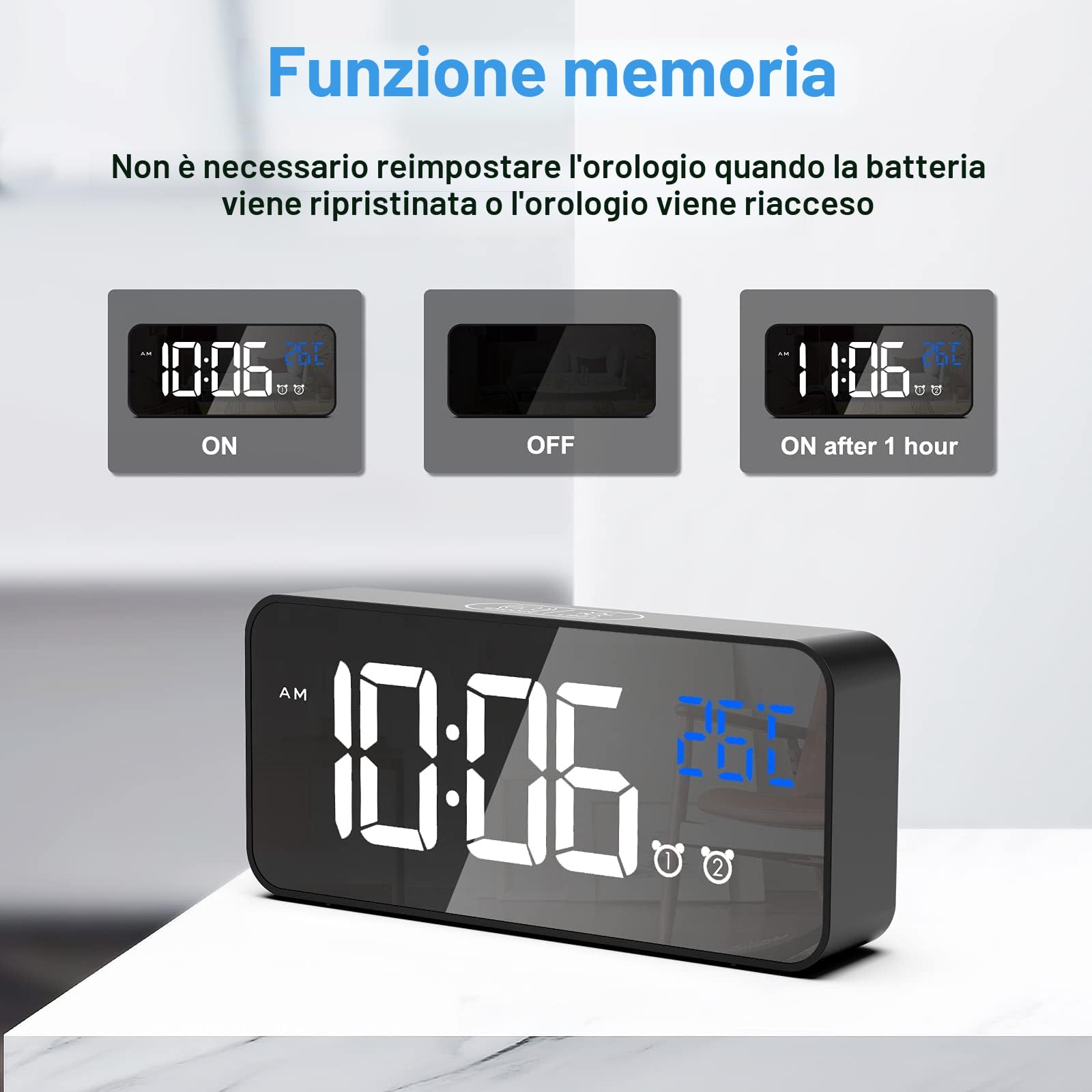 CHEREEKI Sveglia digitale, sveglia digitale con sveglia, doppio allarme digitale con temperatura, 4 luminosità regolabile, funzione snooze, porta di ricarica USB, 12/24 ore, 13 musica (nero)