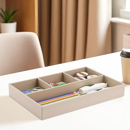 Miniatura 6 de KINGFOM Bandeja de cuero para cajones de 4 ranuras, organizador de artículos de papelería, caja de almacenamiento, soporte para lápices, contenedor