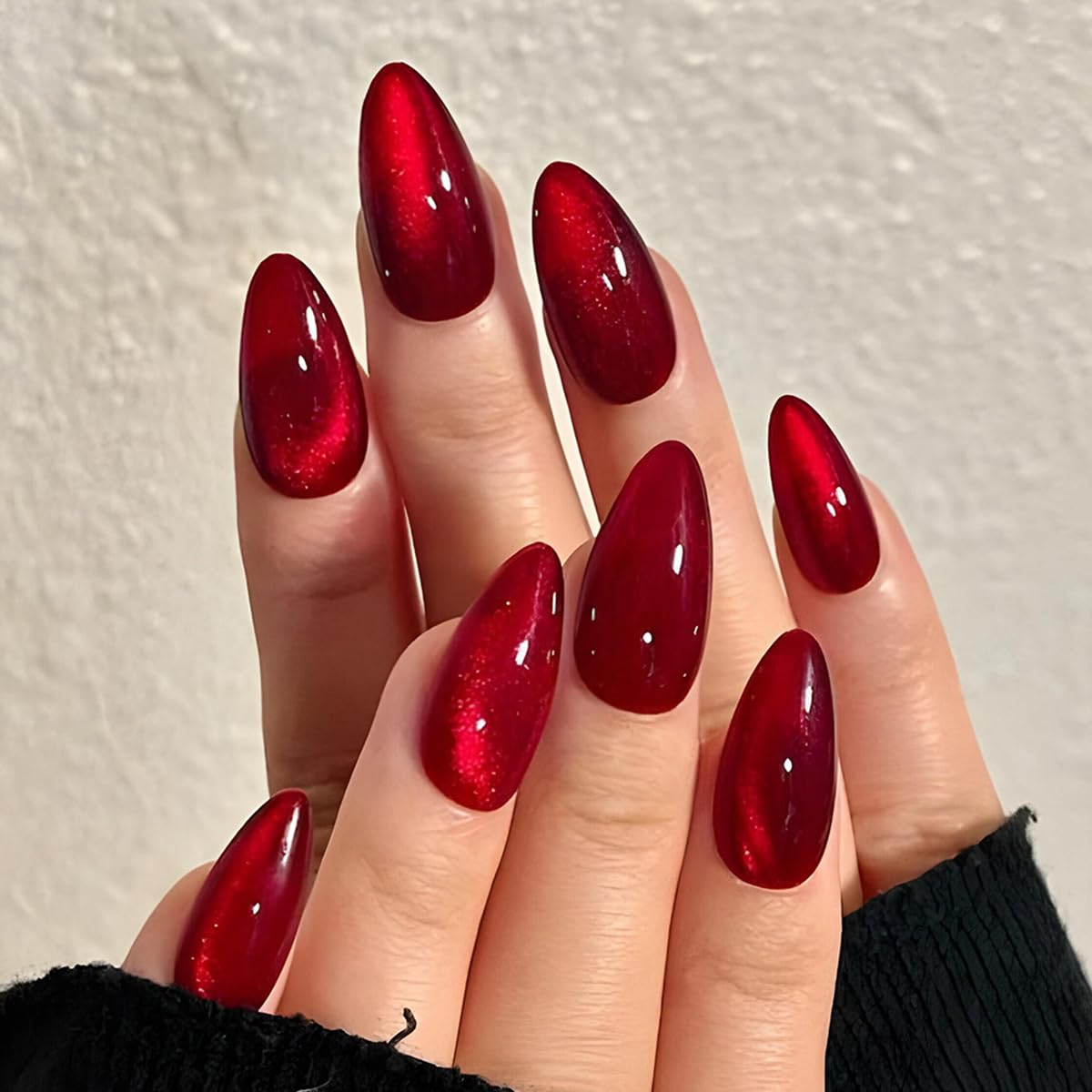 24 Pcs Cat's Eye Red Press On Nails Short Almond - MINGCHUN Spring Fake Nails Press ons Acrylic Nail Art Kit Glitter Nail Tip Full Cover Press On