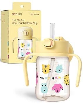 MOYUUM Leak Proof Sippy Cup with Handle | Made in Korea, 100% BPA Free PPSU, Magic No Spill Straw Cup with Attached Flip Top Lid, Easy to Hold for Babies and Toddlers, 6oz Yellow