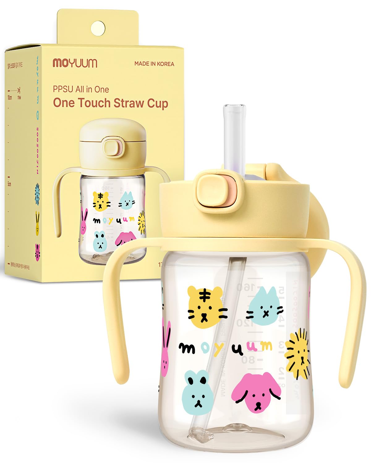 MOYUUM Leak Proof Sippy Cup with Handle | Made in Korea, 100% BPA Free PPSU, Magic No Spill Straw Cup with Attached Flip Top Lid, Easy to Hold for