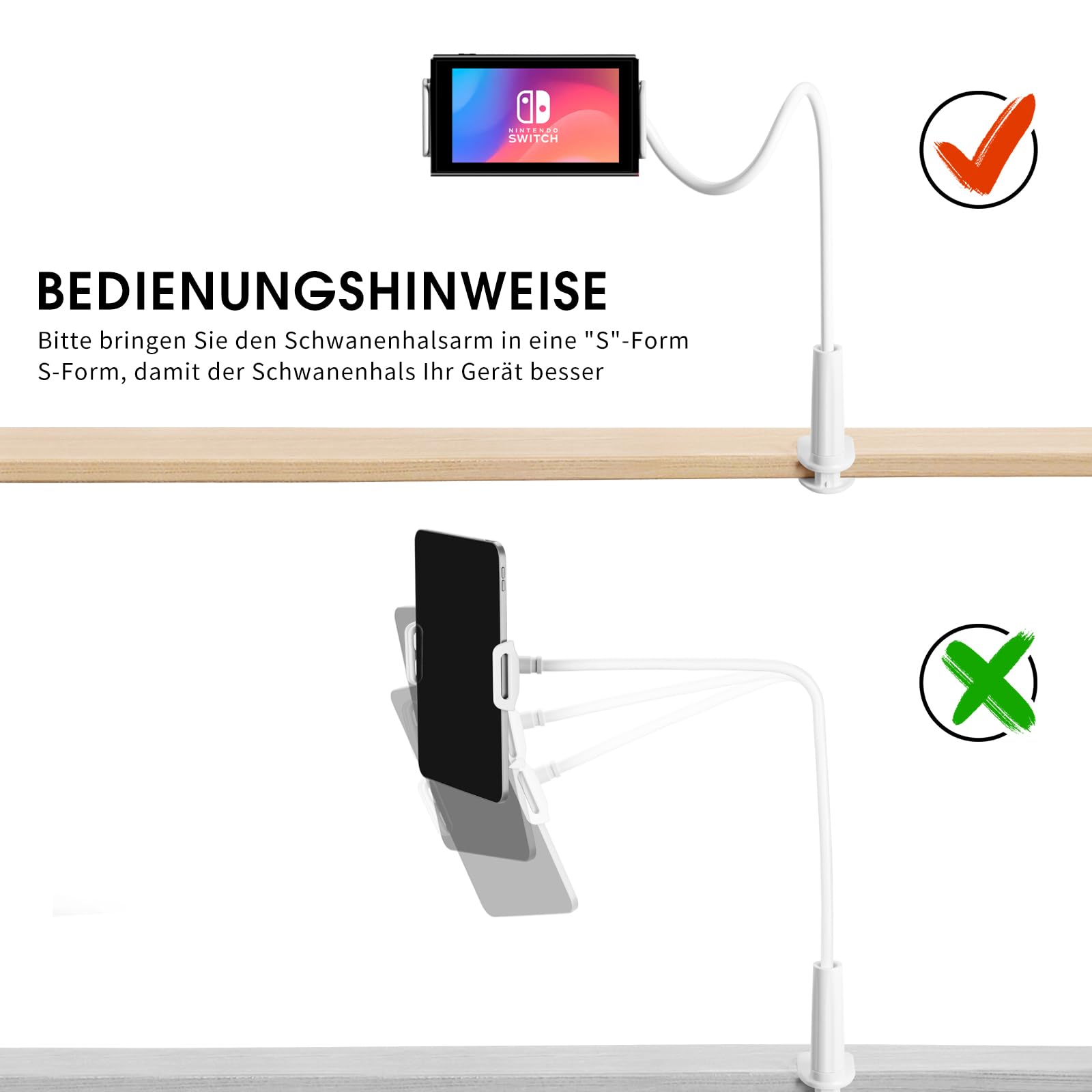 Nintendo Switch Schwanenhals Tisch Halterung, 360° Drehbarer Handyhalterung für Tisch/Bett, Kompatibel mit Switch, iPad 7/8/9 Air, Phone, Geräte 3,5-11 Zoll
