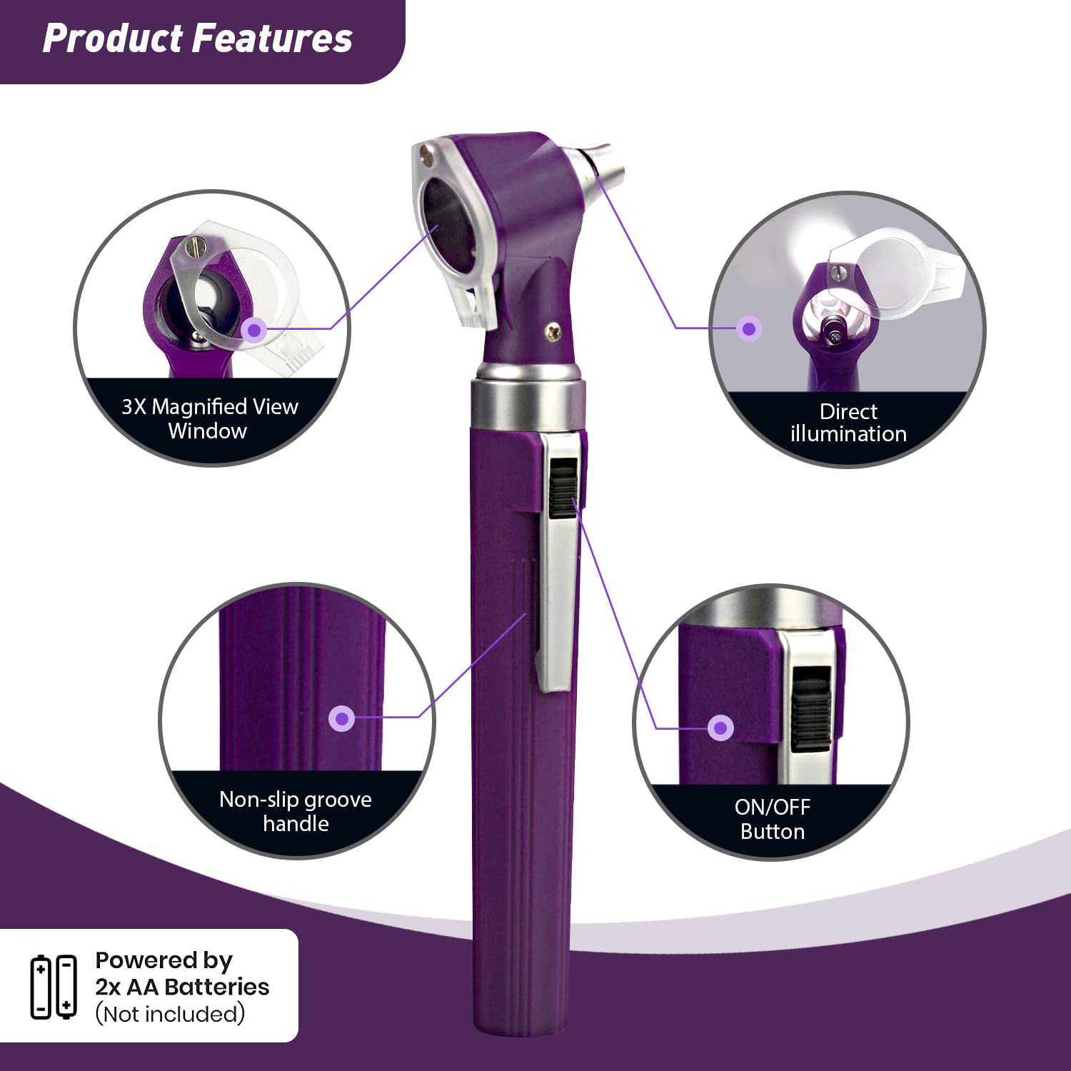 SCIAN Otoscope Oreille, mini outil de soins de l'oreille diagnostique de poche 3x plus grand 8 conseils miroirs pour enfants adultes (violette)