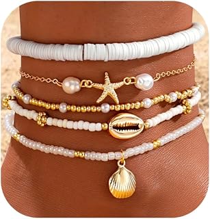 ShallShell Boho Shell Anklet Set for Women - 5 Pairs Adjustable Seashell Starfish Beach Jewelry, Hypoallergenic Summer Foot Bracelets