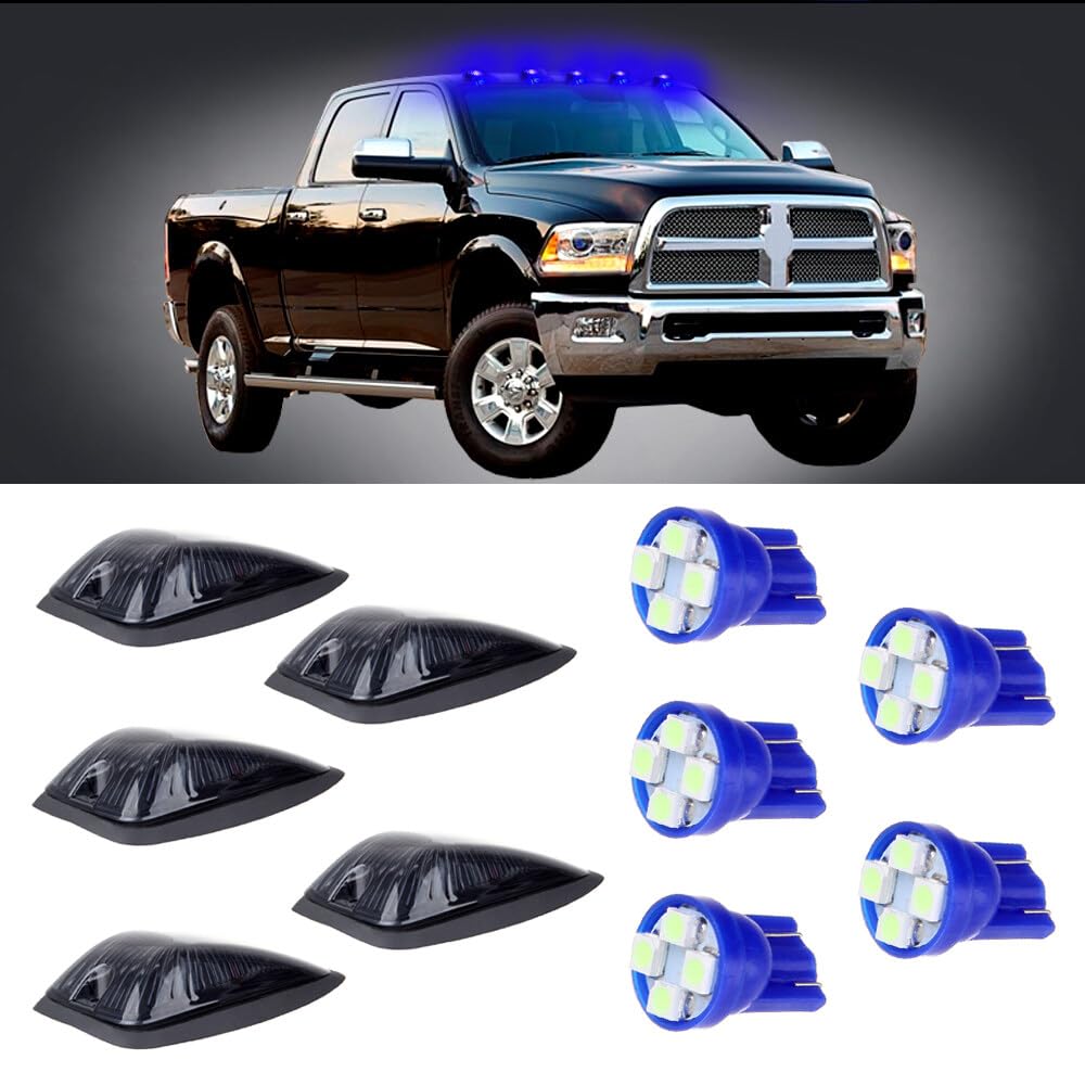 LBRST 5x Smoke Top Roof Light Cover Lens Base w/T10 4-3528-SMD Ice Blue LED Bulbs Cab Clearance Marker LED Cab Marker Roof Running Light for 1988-2002 Chevy/GMC CK1500/2500/3500/4500 Trucks Light